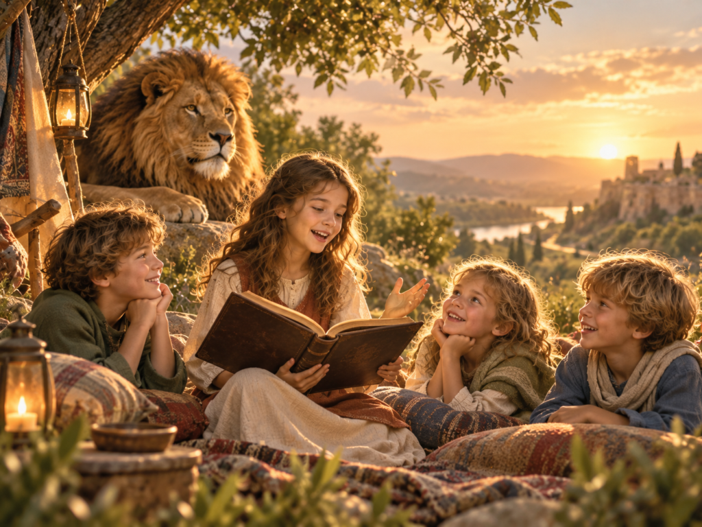 Kinder hören einer spannenden biblischen Geschichte mit einem Löwen im Abendlicht zu