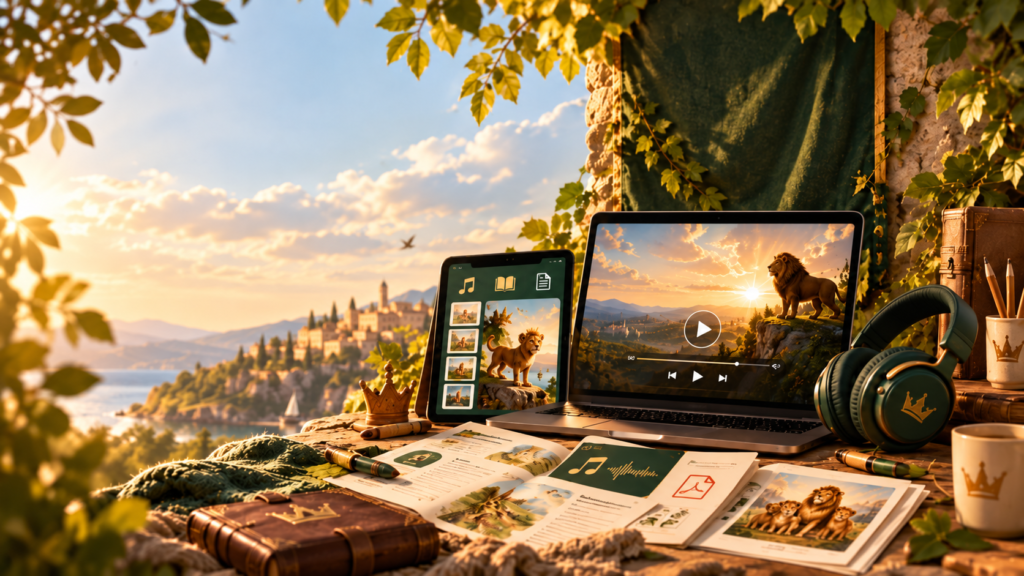 Digitaler Download-Bereich mit Laptop, Tablet, Kopfhörern und kreativen Materialien