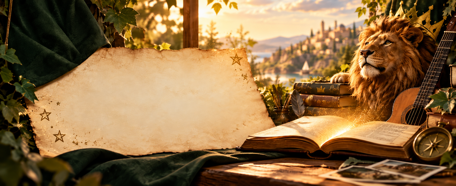 Warme Blog-Illustration mit Pergament, Büchern, Gitarre und Löwe