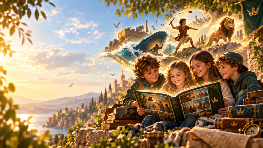 Kinder lesen gemeinsam ein großes illustriertes Buch, aus dem biblische Abenteuer lebendig werden