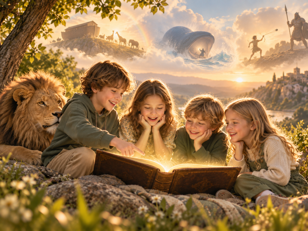 Kinder entdecken biblische Geschichten in einem leuchtenden Buch