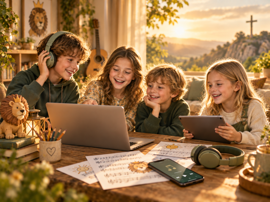 Kinder hören christliche Musik und entdecken digitale Inhalte am Laptop und Tablet