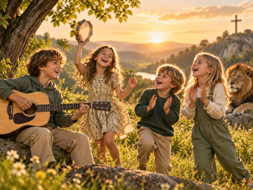 Kinder singen und musizieren gemeinsam im warmen Abendlicht