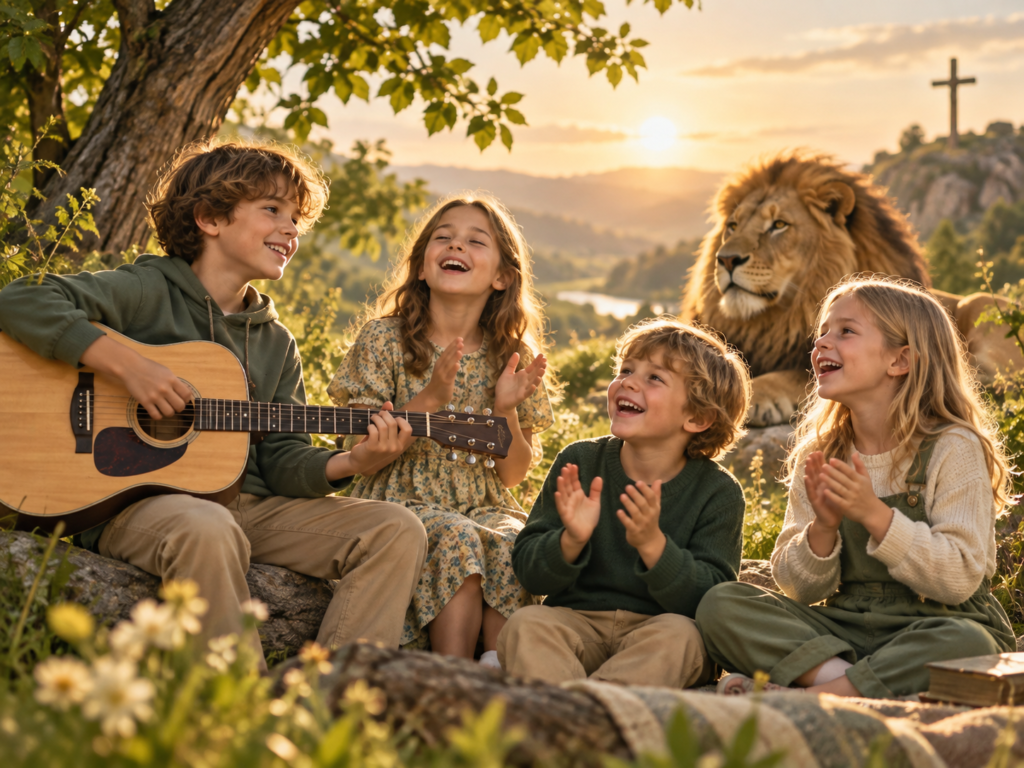 Kinder musizieren mit Gitarre und Löwe im warmen Abendlicht